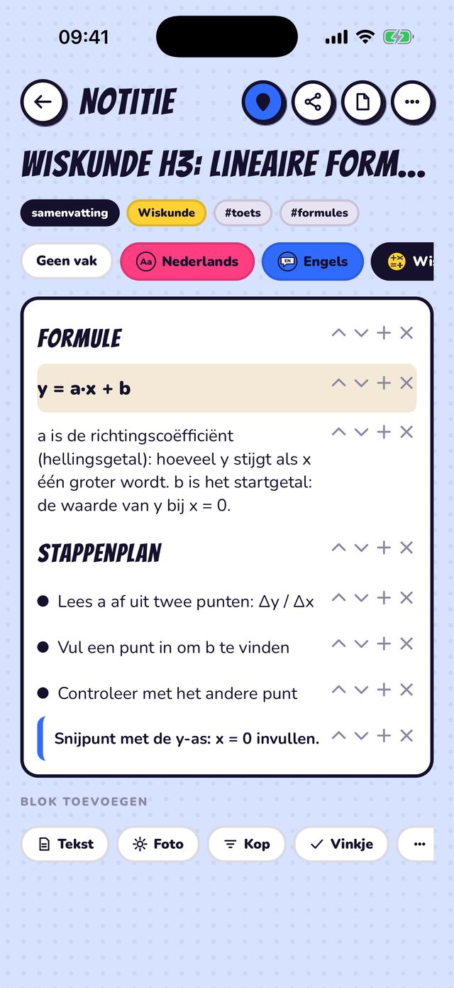 Een notitie: Blokken: kop, tekst, formule, foto.