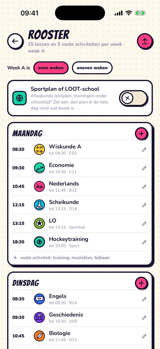 Het rooster met lessen en een hockeytraining als vaste activiteit